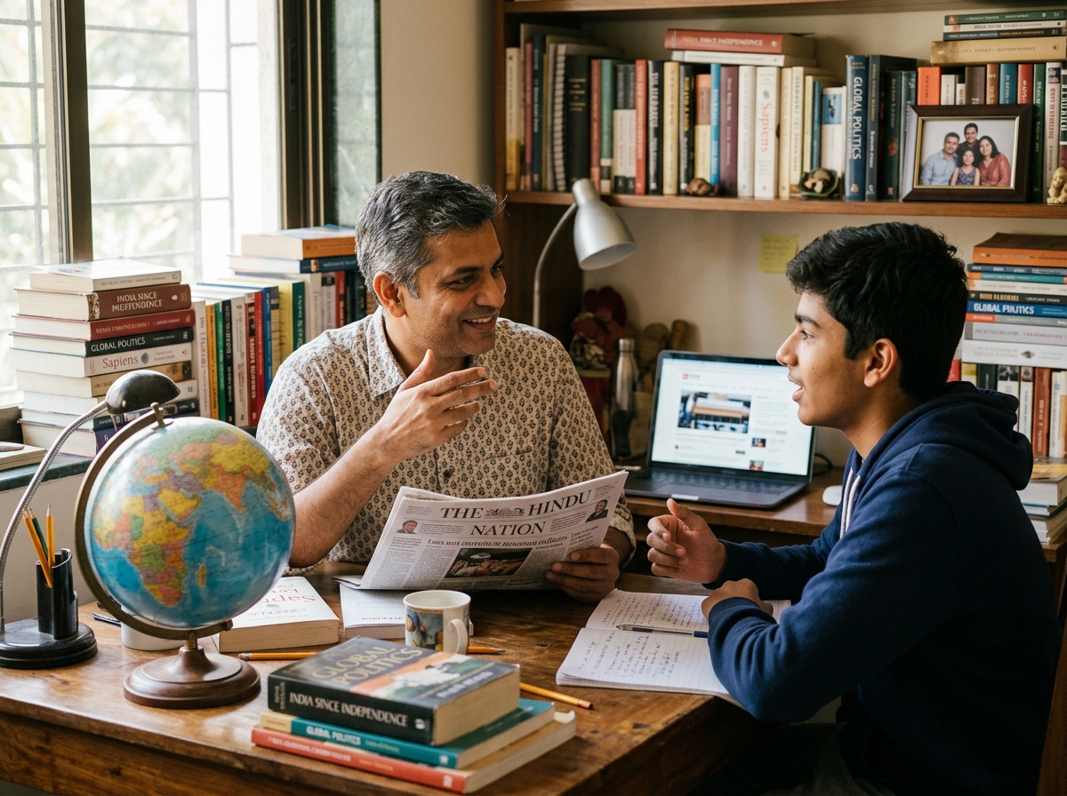 Father and son discussing global affairs and polity